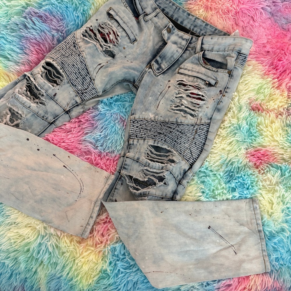 Bie Pa Paris Mens Distressed Moto Biker Jeans Light Wash Plaid Patchwork 33x31